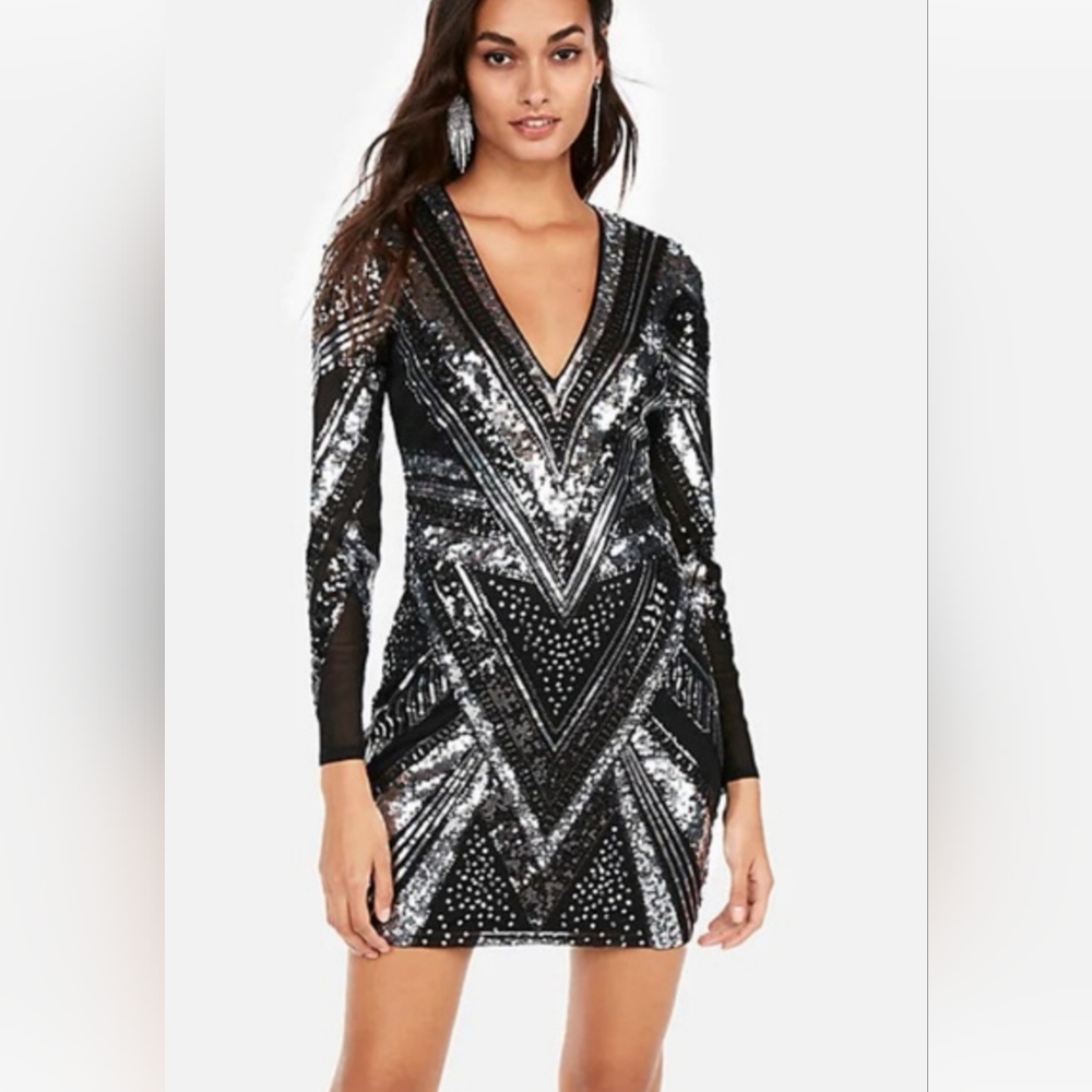 Express Sequin V Neck Long Sleeve Mini Dress Black Silver Large NWT Stretch